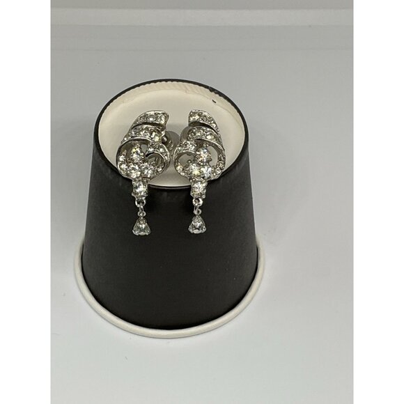 Vintage Ledo Dangle Teardrop Earrings | Rhodium Screw-Back | Signed | 1950s Glam - Picture 2 of 8